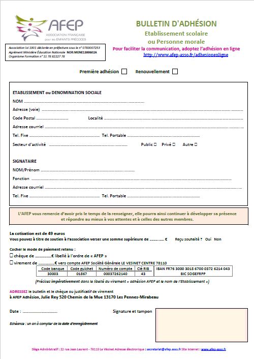 Imprimez le bulletin d'adhésion